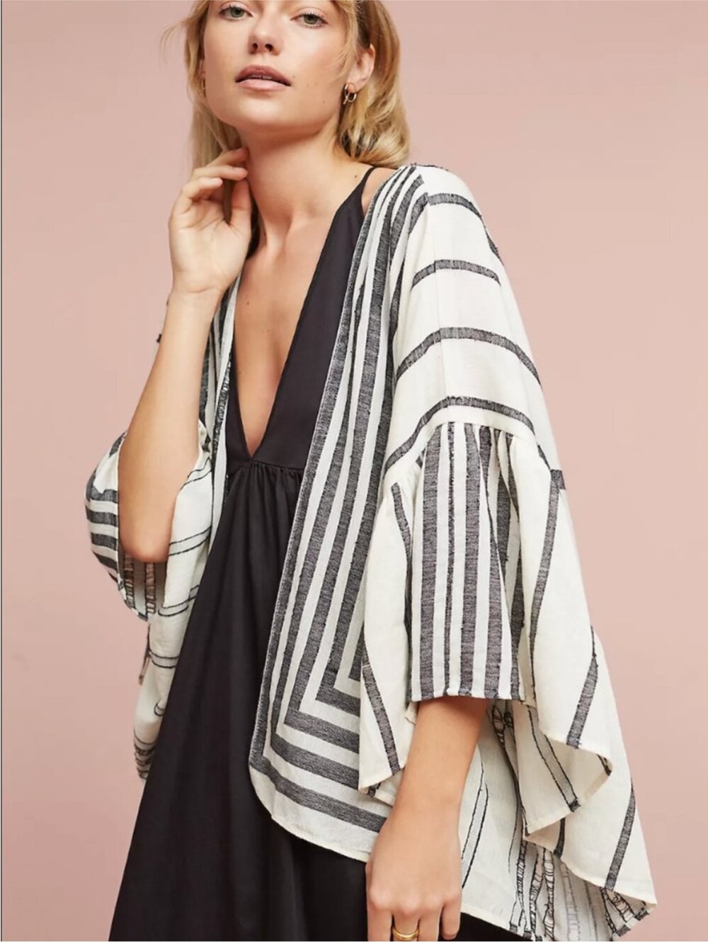 Anthropologie Aggie Striped Open-Front Kimono Cardigan - Black & White